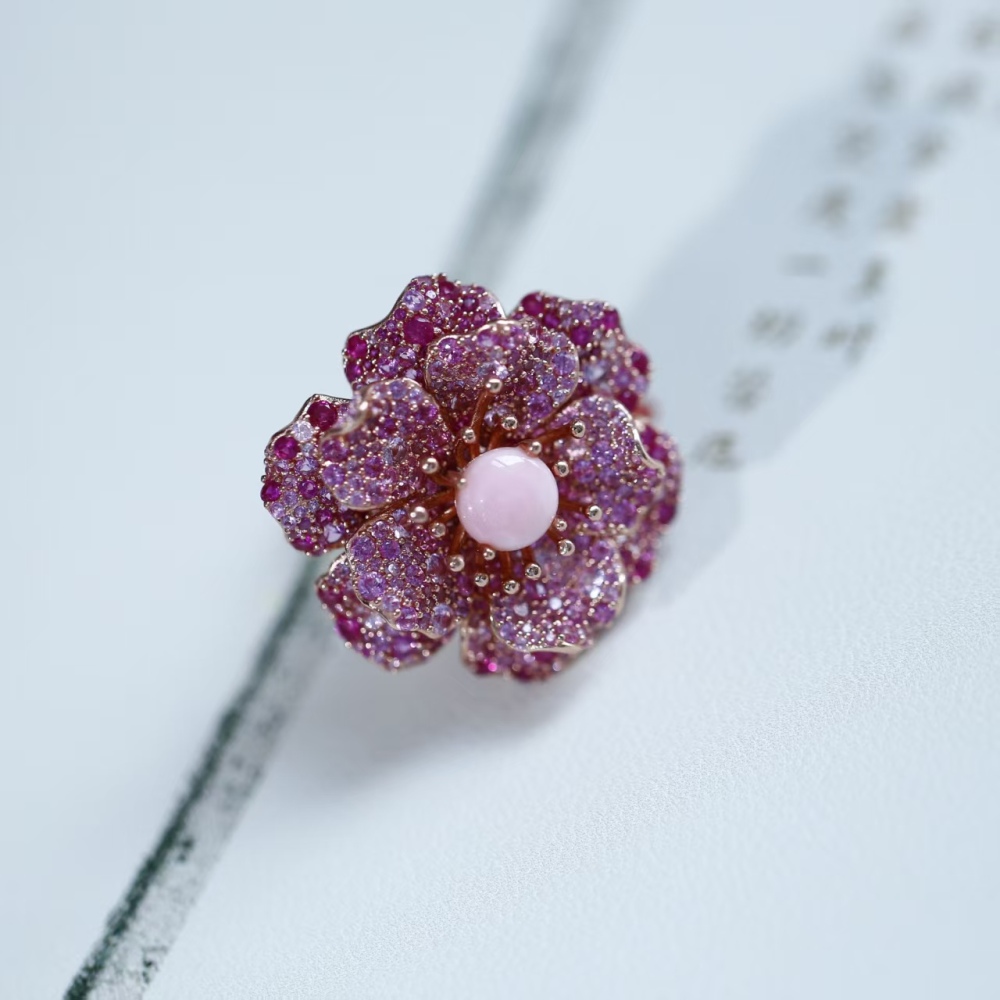 8mm pink queen conch pearl Hong Kong-style heavy industry rose flower inlaid loose-fitting ring