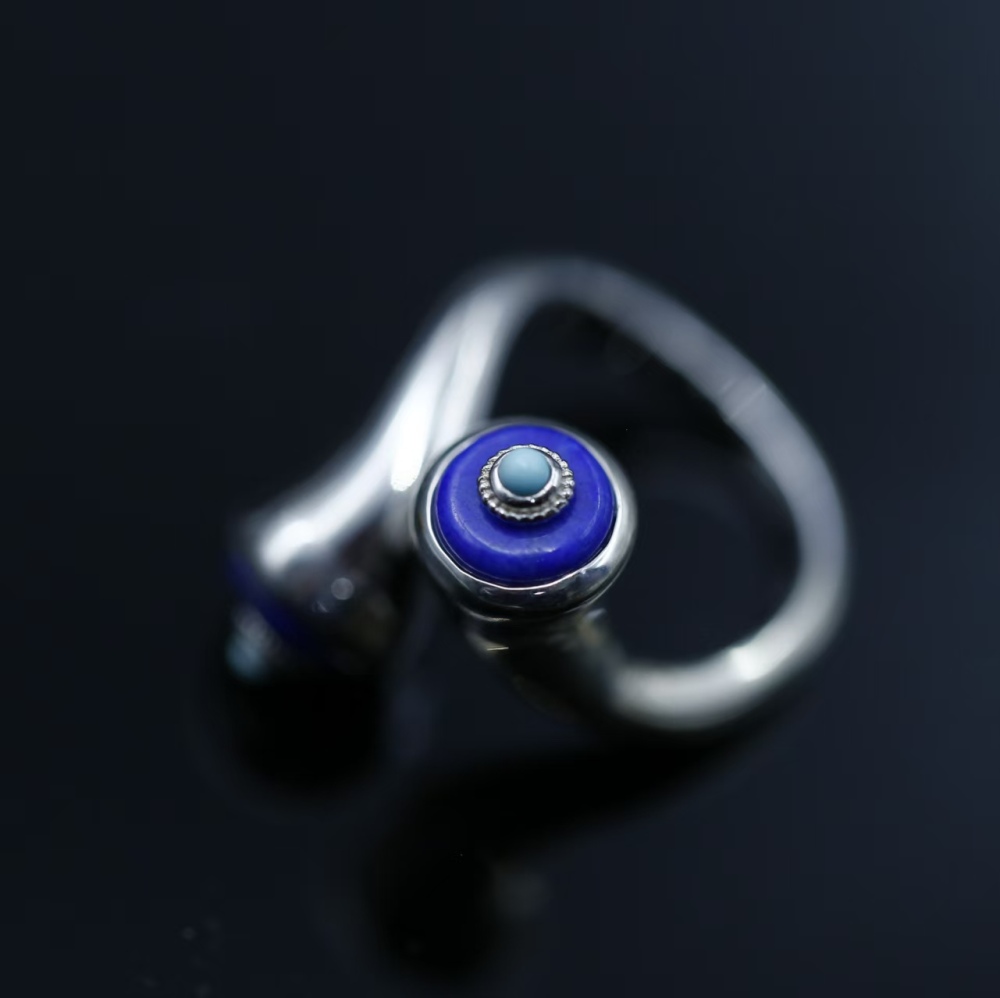 Original design lapis lazuli paired with turquoise S925 silver loose-fitting ring