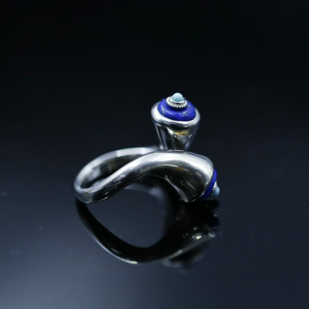 Original design lapis lazuli paired with turquoise S925 silver loose-fitting ring