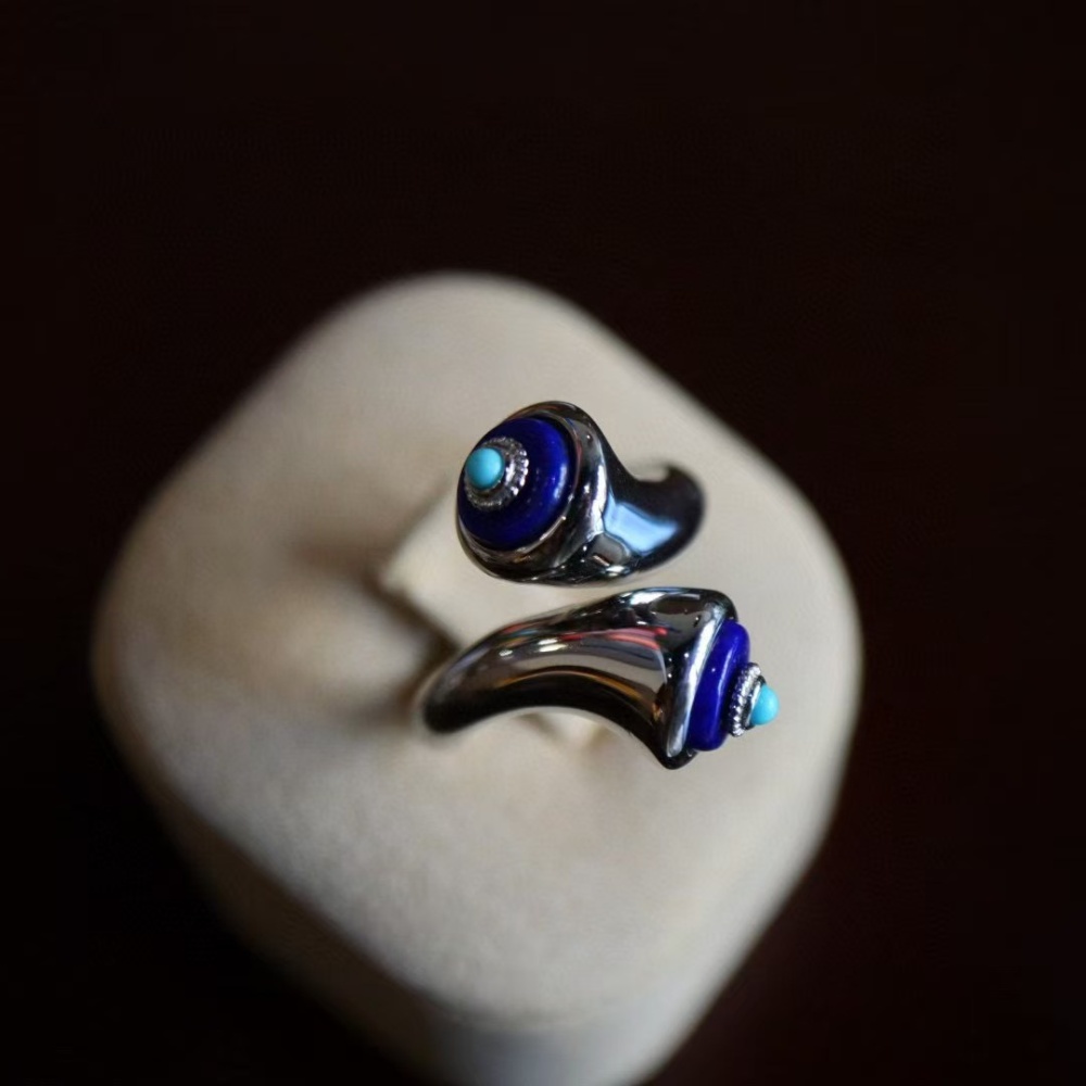 Original design lapis lazuli paired with turquoise S925 silver loose-fitting ring