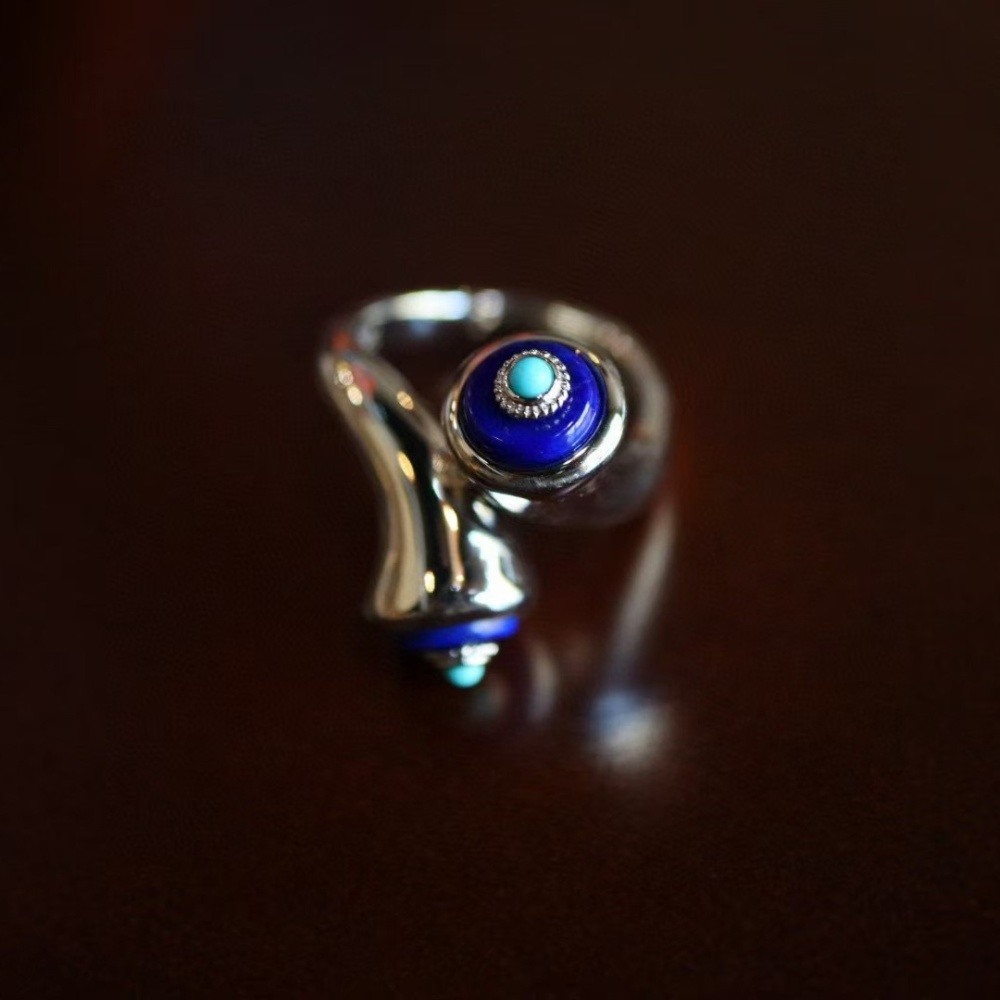 Original design lapis lazuli paired with turquoise S925 silver loose-fitting ring