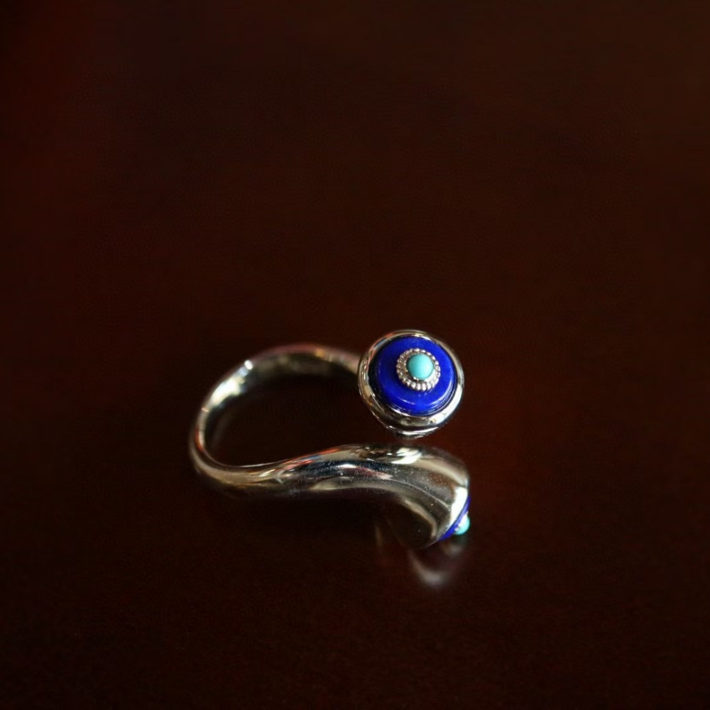 Original design lapis lazuli paired with turquoise S925 silver loose-fitting ring