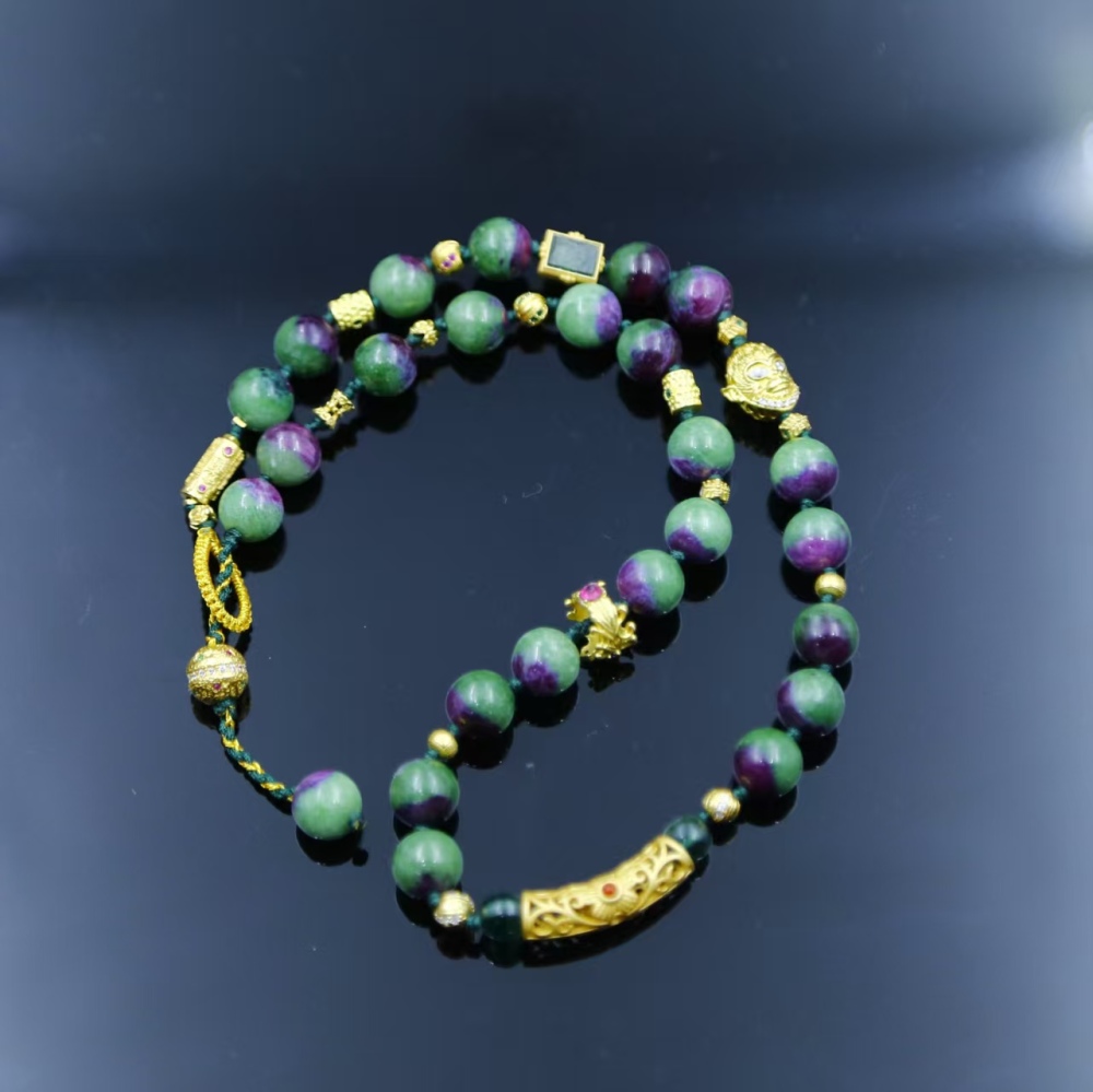 9mm round bead Ruby Fuchsite paired with S925 silver accessory rope weaving necklace