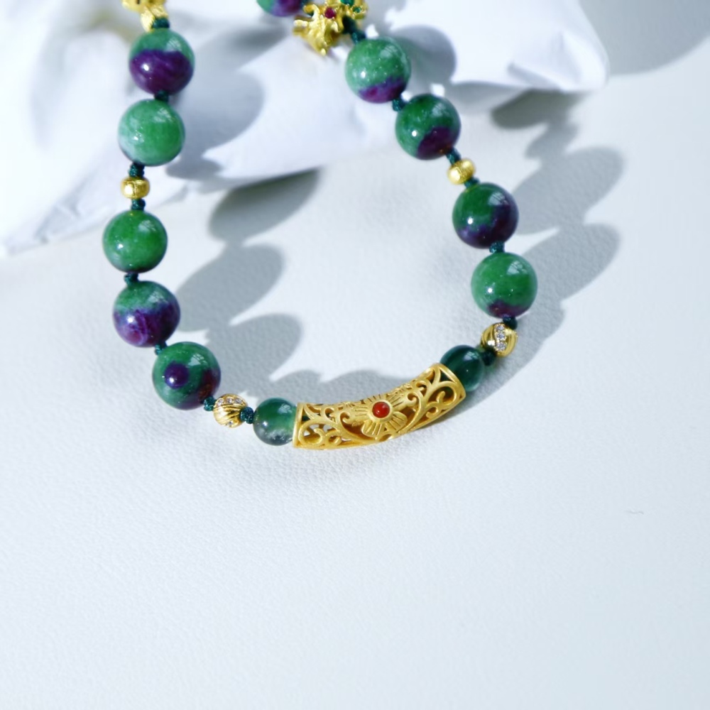 9mm round bead Ruby Fuchsite paired with S925 silver accessory rope weaving necklace