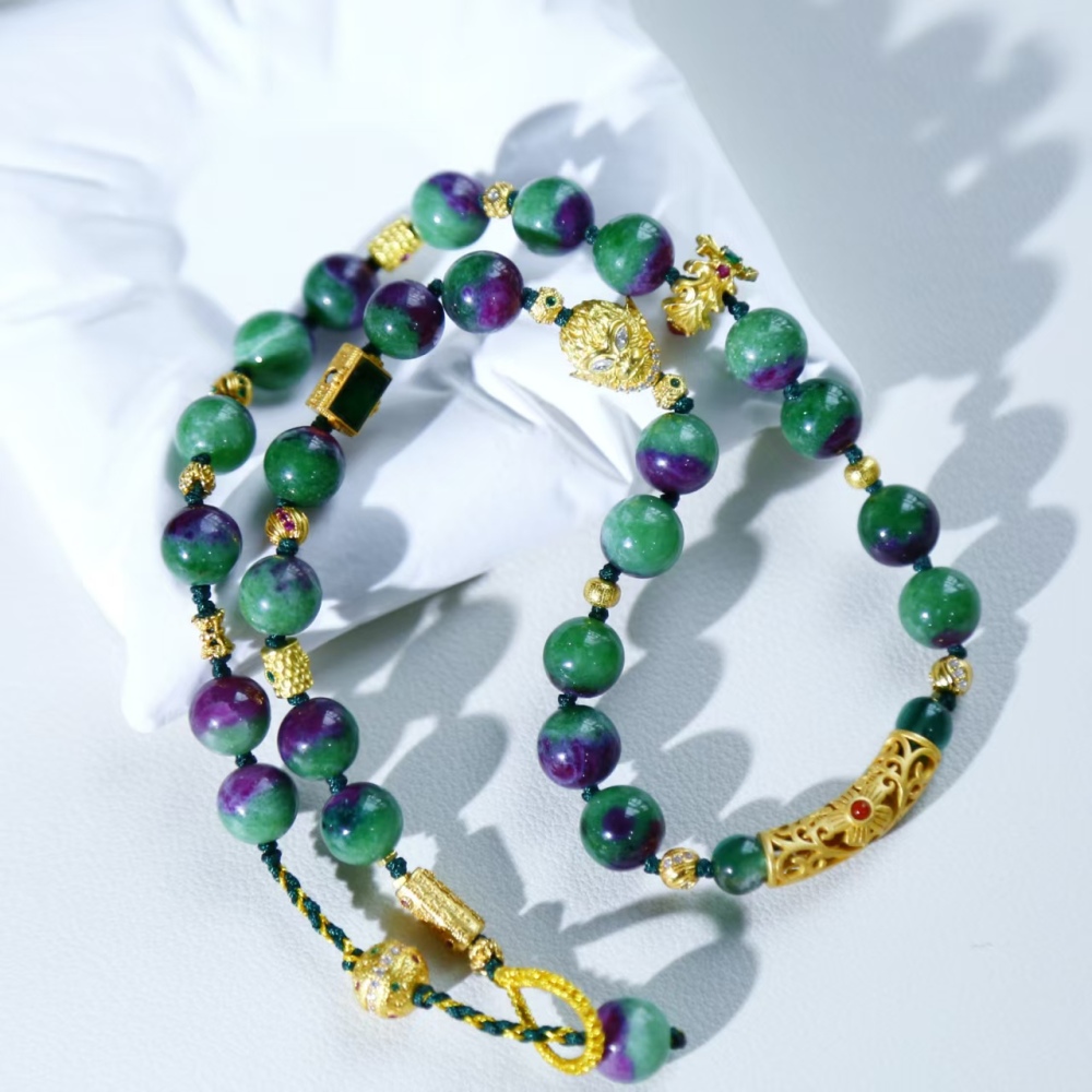 9mm round bead Ruby Fuchsite paired with S925 silver accessory rope weaving necklace