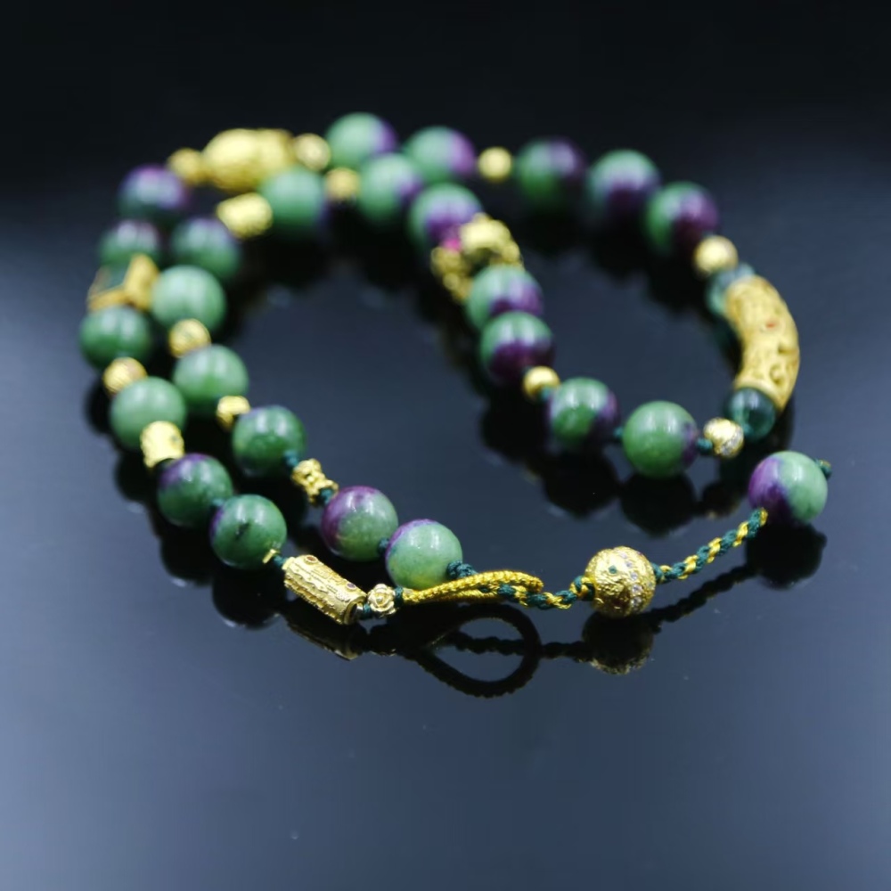 9mm round bead Ruby Fuchsite paired with S925 silver accessory rope weaving necklace