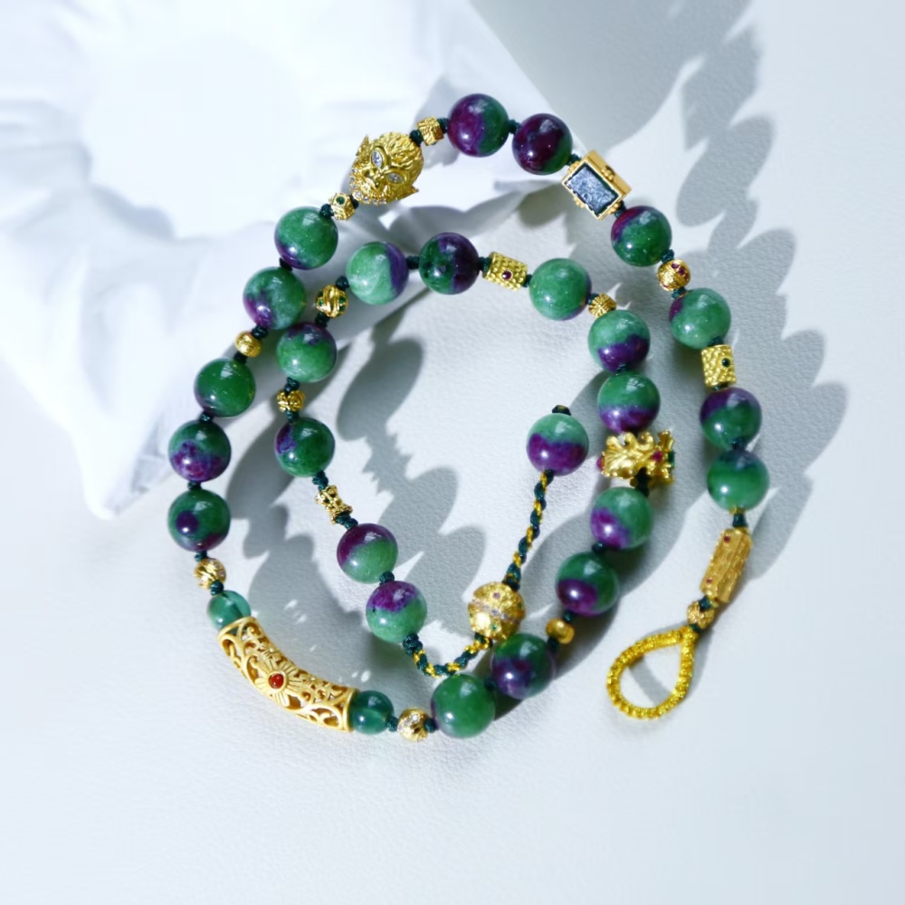 9mm round bead Ruby Fuchsite paired with S925 silver accessory rope weaving necklace