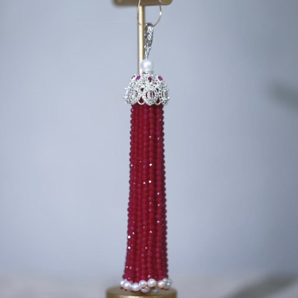 2mm faceted round bead hand-woven tassel pink fused alumina (artificial ruby) pendant