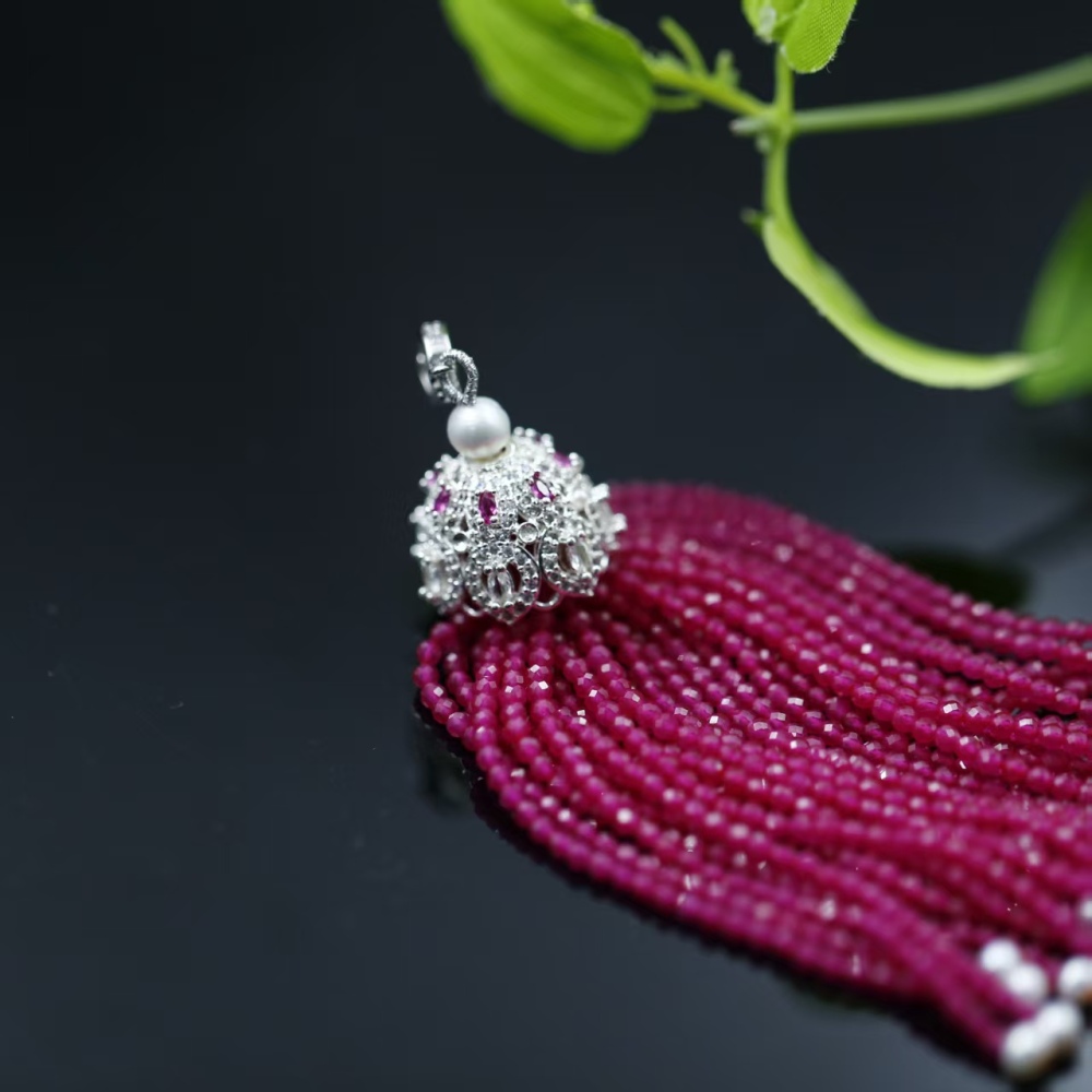 2mm faceted round bead hand-woven tassel pink fused alumina (artificial ruby) pendant