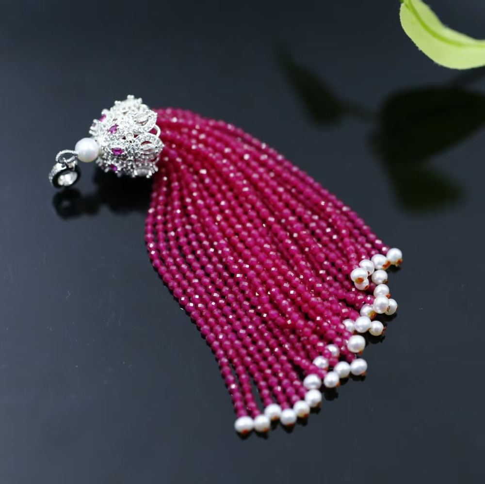 2mm faceted round bead hand-woven tassel pink fused alumina (artificial ruby) pendant