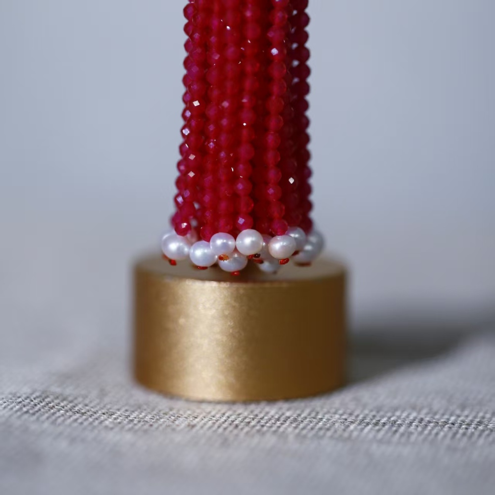2mm faceted round bead hand-woven tassel pink fused alumina (artificial ruby) pendant