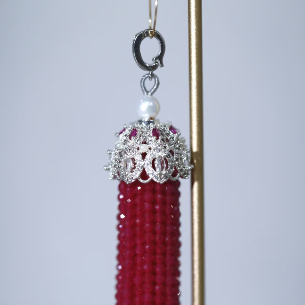 2mm faceted round bead hand-woven tassel pink fused alumina (artificial ruby) pendant