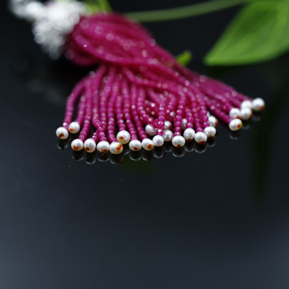 2mm faceted round bead hand-woven tassel pink fused alumina (artificial ruby) pendant