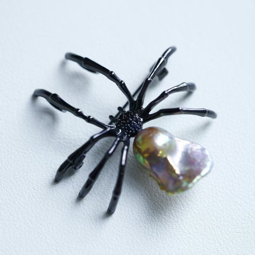 Freshwater purple-green metallic Baroque spider pearl brooch