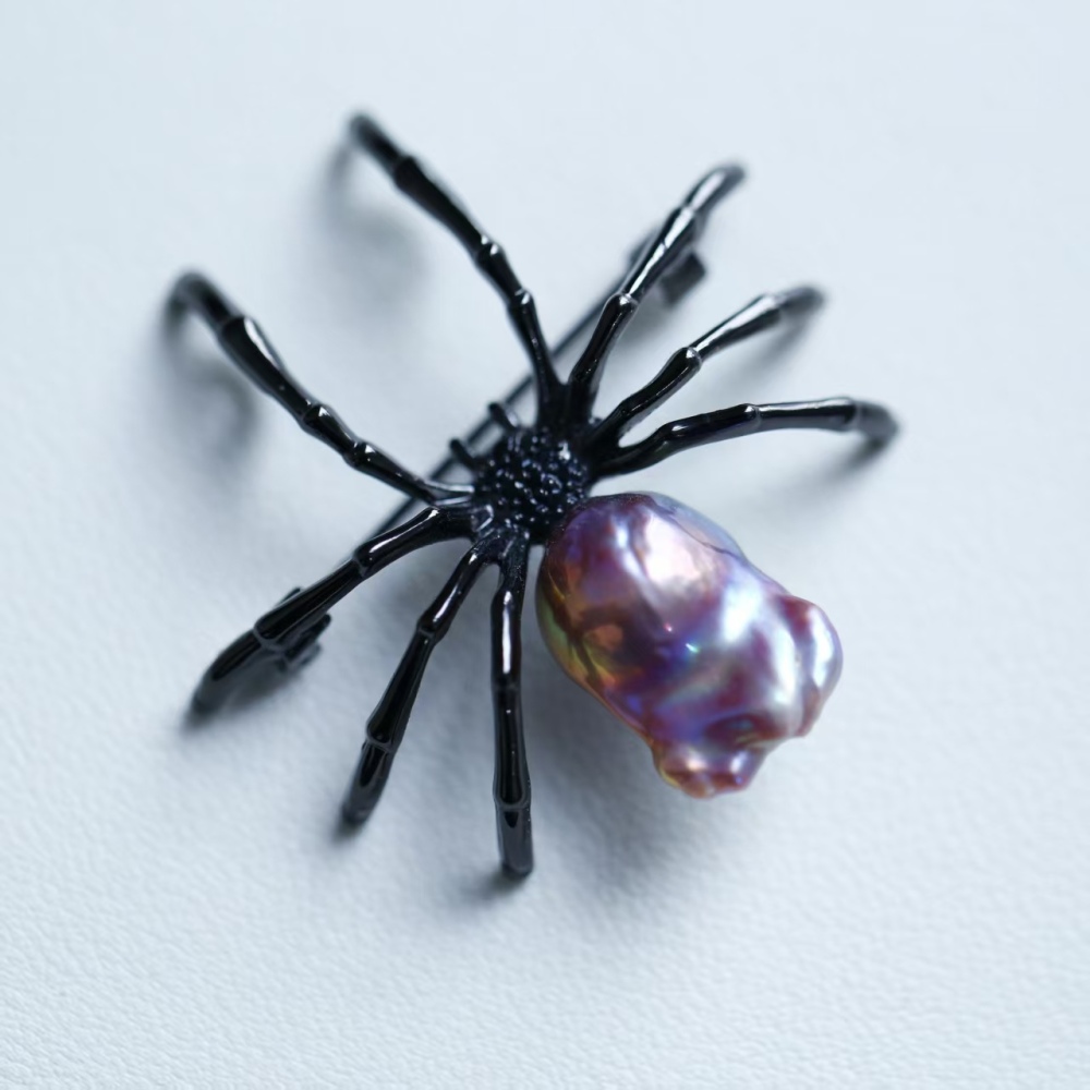 Freshwater purple-green metallic Baroque spider pearl brooch