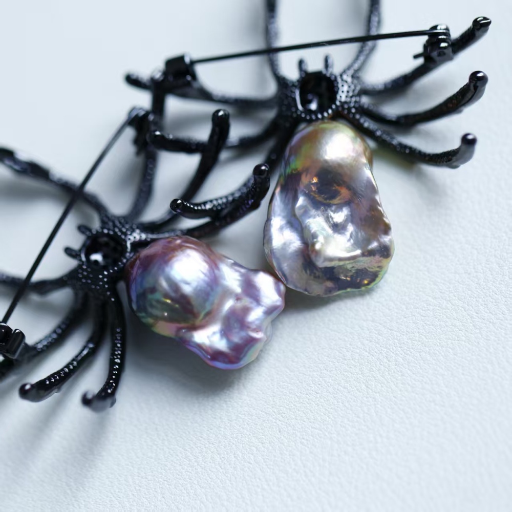 Freshwater purple-green metallic Baroque spider pearl brooch