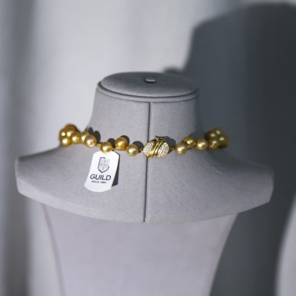 Flawless South Sea Gold Pearl Rich Golden Round Baroque 18K Gold Real diamond Pearl necklace with GUILD Certificate