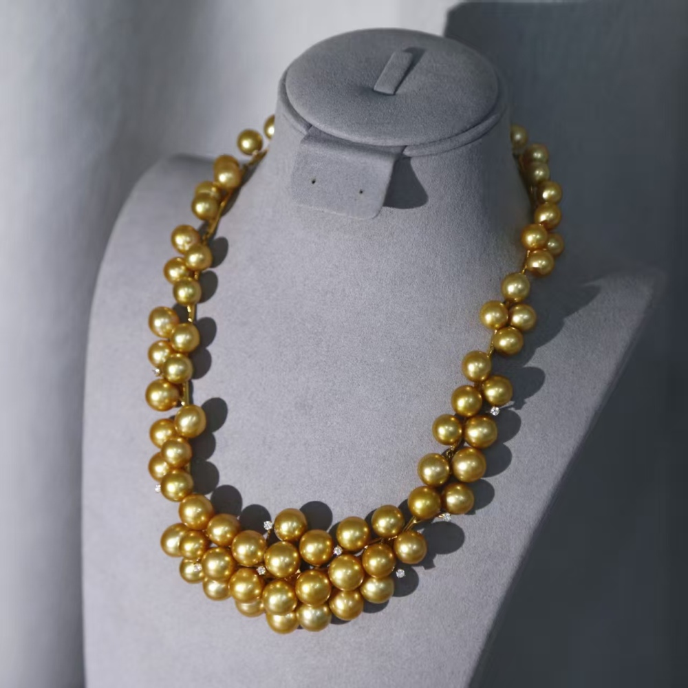 Flawless South Sea Gold Pearl Rich Golden Round Baroque 18K Gold Real diamond Pearl necklace with GUILD Certificate