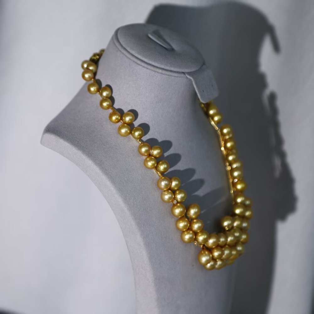 Flawless South Sea Gold Pearl Rich Golden Round Baroque 18K Gold Real diamond Pearl necklace with GUILD Certificate