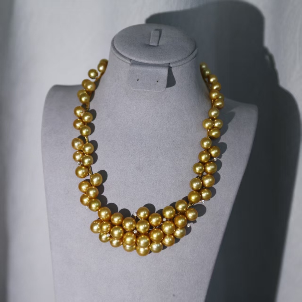 Flawless South Sea Gold Pearl Rich Golden Round Baroque 18K Gold Real diamond Pearl necklace with GUILD Certificate