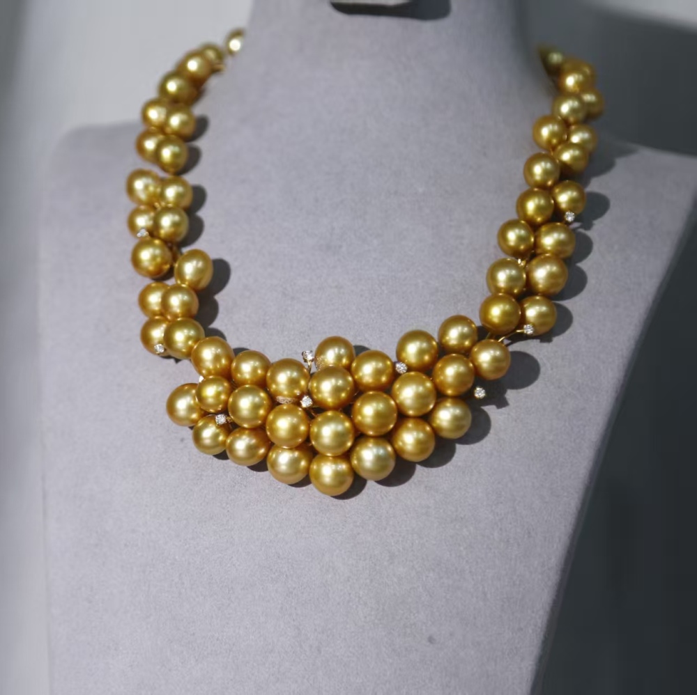 Flawless South Sea Gold Pearl Rich Golden Round Baroque 18K Gold Real diamond Pearl necklace with GUILD Certificate