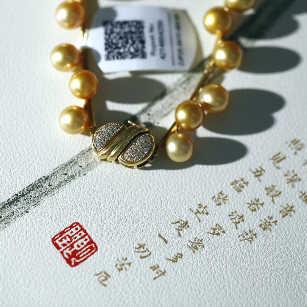 Flawless South Sea Gold Pearl Rich Golden Round Baroque 18K Gold Real diamond Pearl necklace with GUILD Certificate