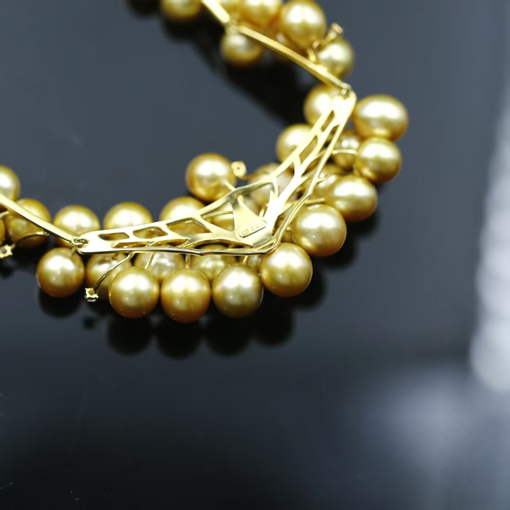 Flawless South Sea Gold Pearl Rich Golden Round Baroque 18K Gold Real diamond Pearl necklace with GUILD Certificate