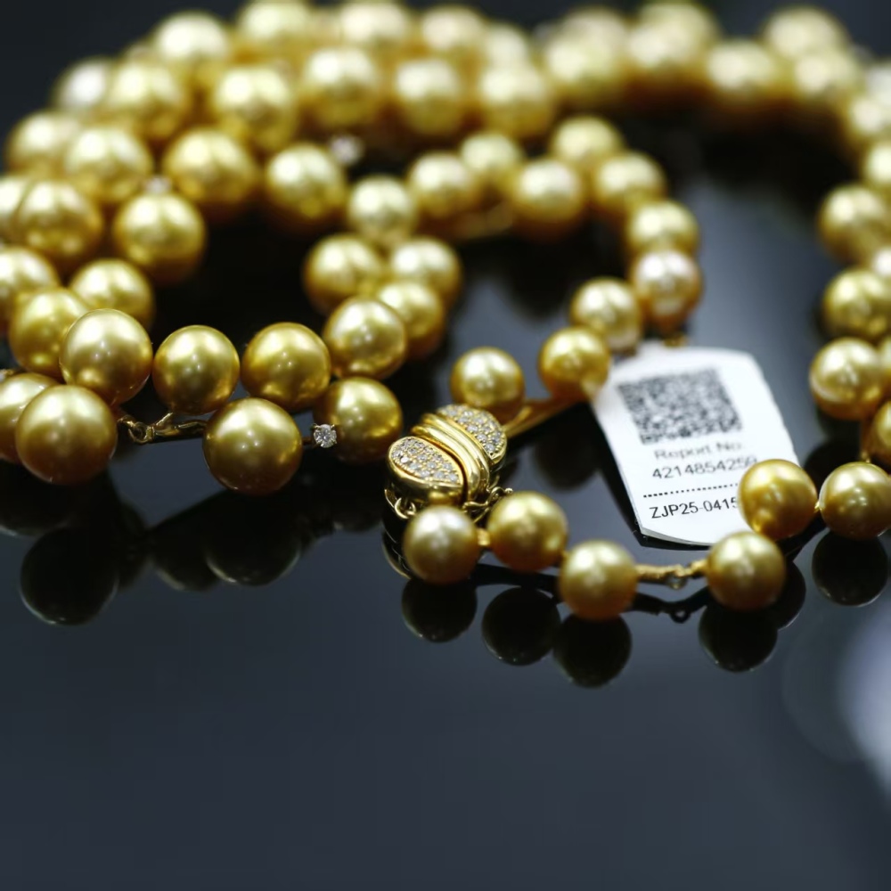 Flawless South Sea Gold Pearl Rich Golden Round Baroque 18K Gold Real diamond Pearl necklace with GUILD Certificate