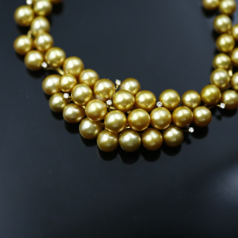 Flawless South Sea Gold Pearl Rich Golden Round Baroque 18K Gold Real diamond Pearl necklace with GUILD Certificate