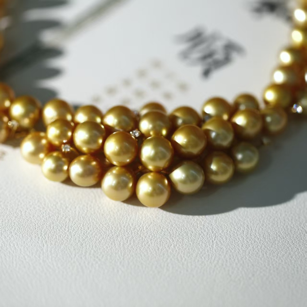Flawless South Sea Gold Pearl Rich Golden Round Baroque 18K Gold Real diamond Pearl necklace with GUILD Certificate