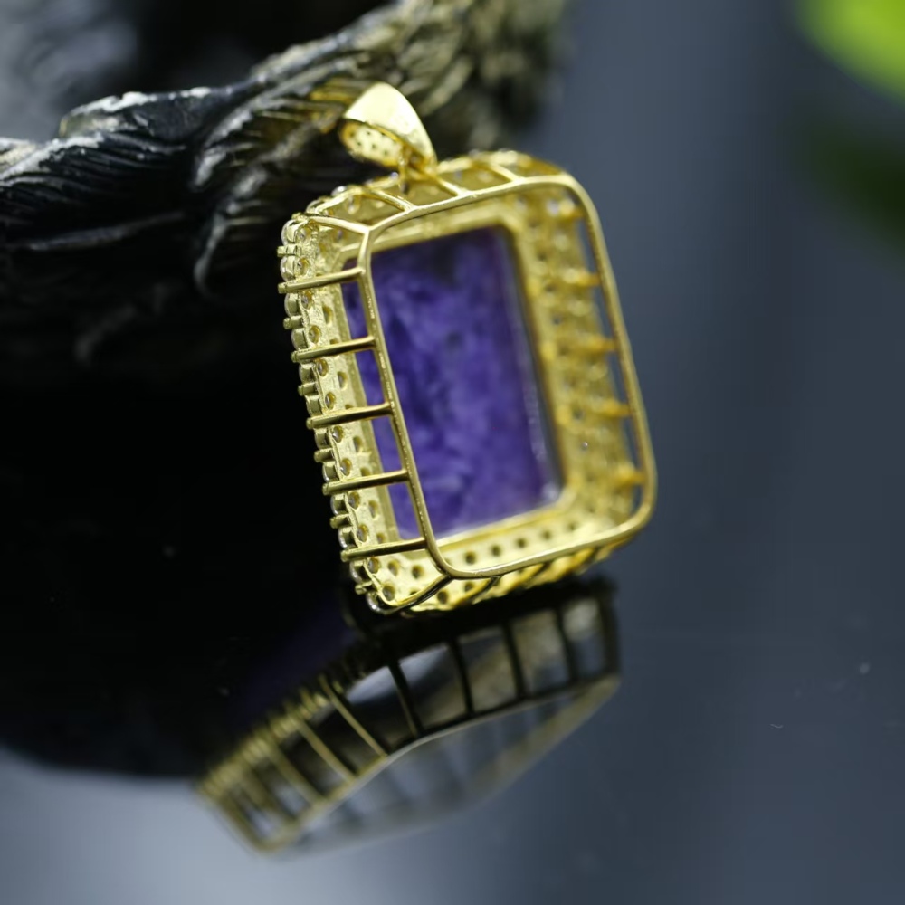 Square-cut charoite silver pendant