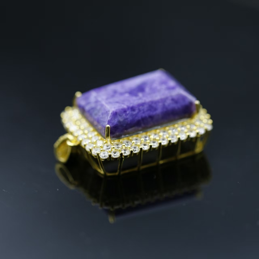 Square-cut charoite silver pendant