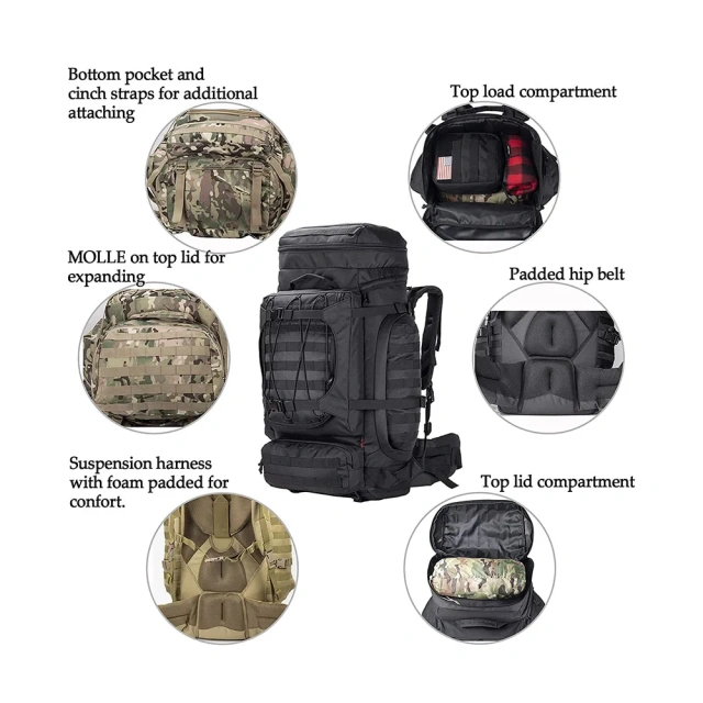 Oleaderbag Interior Frame Backpack Practical Backpack Assault Backpack Hiking Camping Bag 80LHunting Backpack Survival Backpack Everyday Outdoor Backpack Military Training Rucksack