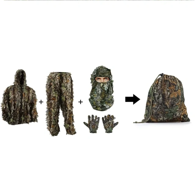Outdoor Soft and Minimalist Camo Ghillie Suits 3D Leafy Hooded Hunting Simple and Minimalist Camouflage Ghillie Suits Lightweight Practical 3D Leafy Camo Suits with Storage Bag Ghillie Suits for Men Leaf Camouflage Training Hunting Ghillie Suit