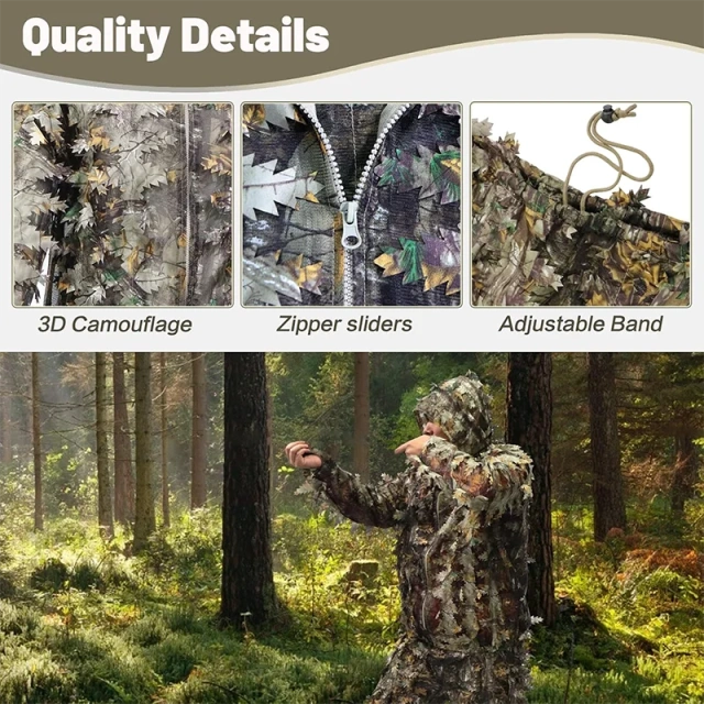Ghillie Suit 3D Leafy Camo Quick Drying Hunting Gilly Gillies Suits for Men Leaf Camouflage Jungle Hunting Suits Jungle Hunting Camo Ghillie Suit 3D Leaf with Zippers and Pockets Lightweight Breathable Outdoor Hunting Camouflage Clothing