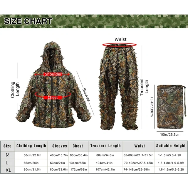 Lightweight Practical 3D Leafy Camo Suits with Storage Bag Ghillie Suits for Men Leaf Camouflage Training Hunting Ghillie Suit Jungle Hunting Camo Ghillie Suit 3D Leaf with Zippers and Pockets Lightweight Breathable Outdoor Hunting Camouflage Clothing