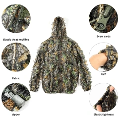 Camouflage Training 3D Leaf Tactical Training Ghillie Suit Breathable Outdoor Woodland Hunting Camouflage Clothing Outdoor Soft and Minimalist Camo Ghillie Suits 3D Leafy Hooded Hunting Simple and Minimalist Camouflage Ghillie Suits