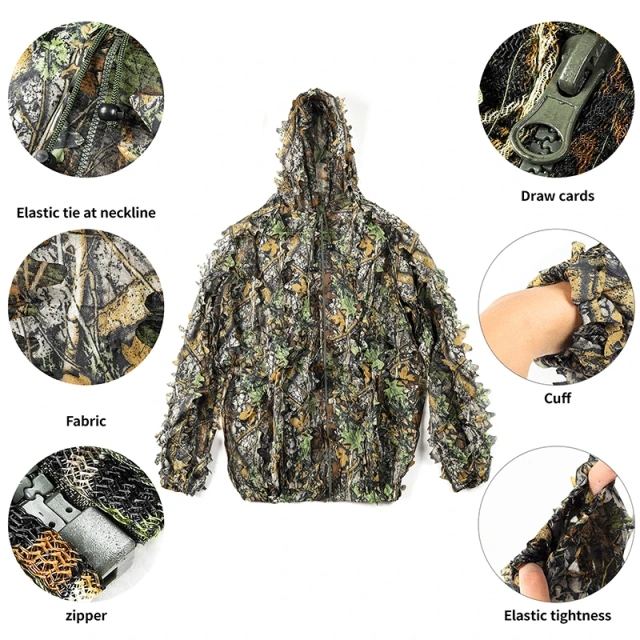 Camouflage Training 3D Leaf Tactical Training Ghillie Suit Breathable Outdoor Woodland Hunting Camouflage Clothing Outdoor Soft and Minimalist Camo Ghillie Suits 3D Leafy Hooded Hunting Simple and Minimalist Camouflage Ghillie Suits