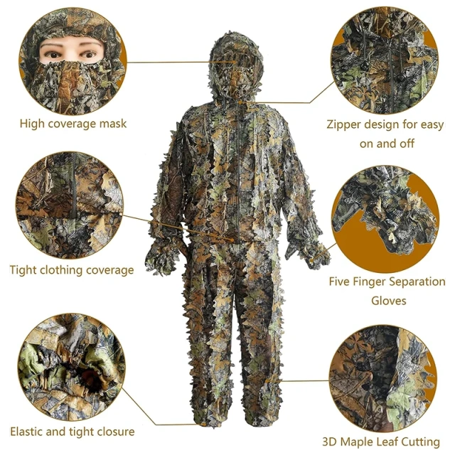 Premium Camouflage Lightweight Outdoor Game Training Adult 3D Leafy Camouflage Clothing Ghillie Suit Camo Suit for Hunting Outdoor Soft and Minimalist Camo Ghillie Suits 3D Leafy Hooded Hunting Simple and Minimalist Camouflage Ghillie Suits