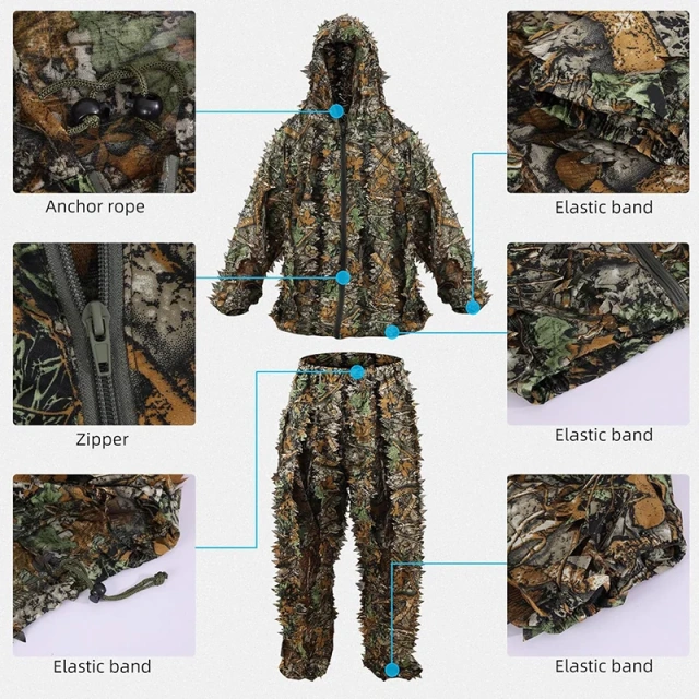 Lightweight Practical 3D Leafy Camo Suits with Storage Bag Ghillie Suits for Men Leaf Camouflage Training Hunting Ghillie Suit Jungle Hunting Camo Ghillie Suit 3D Leaf with Zippers and Pockets Lightweight Breathable Outdoor Hunting Camouflage Clothing