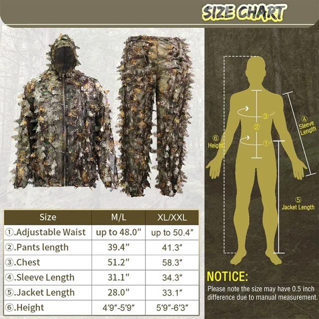 Ghillie Suit 3D Leafy Camo Quick Drying Hunting Gilly Gillies Suits for Men Leaf Camouflage Jungle Hunting Suits Jungle Hunting Camo Ghillie Suit 3D Leaf with Zippers and Pockets Lightweight Breathable Outdoor Hunting Camouflage Clothing