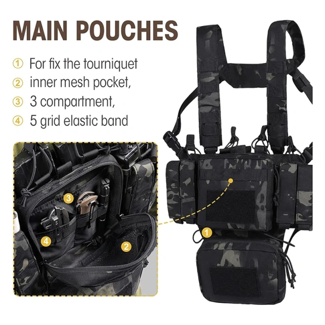 Camo Tactical Chest Rig Adjustable Detachable Tactical Molle Chest Rigs with Mag Pouch Tactical Hunting Vest Wholesale Tactical Vest for Training Hunting Good Quality Tactical Vest with Multi-Pockets Tactical Chest Vest Rig