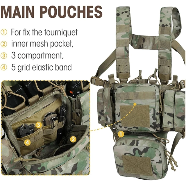 Tactical Chest Rig Adjustable Detachable Molle Chest Rigs with Mag Pouch Camouflage Tactical Vest Chest Rig Tactical Gear Chest Rig Heavy Duty Tactical Vest MOLLE Chest Rigs Utility Tactical Chest Rig with Dangler Pouch