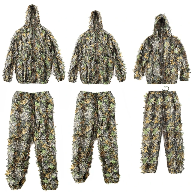 Camouflage Training 3D Leaf Tactical Training Ghillie Suit Breathable Outdoor Woodland Hunting Camouflage Clothing Outdoor Soft and Minimalist Camo Ghillie Suits 3D Leafy Hooded Hunting Simple and Minimalist Camouflage Ghillie Suits