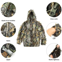 Camouflage Training 3D Leaf Tactical Training Ghillie Suit Breathable Outdoor Woodland Hunting Camouflage Clothing Outdoor Soft and Minimalist Camo Ghillie Suits 3D Leafy Hooded Hunting Simple and Minimalist Camouflage Ghillie Suits