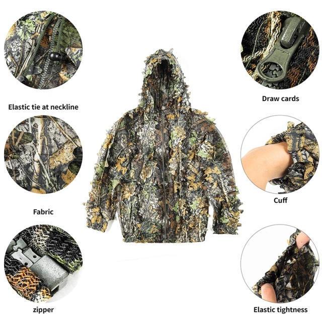 Camouflage Training 3D Leaf Tactical Training Ghillie Suit Breathable Outdoor Woodland Hunting Camouflage Clothing Outdoor Soft and Minimalist Camo Ghillie Suits 3D Leafy Hooded Hunting Simple and Minimalist Camouflage Ghillie Suits