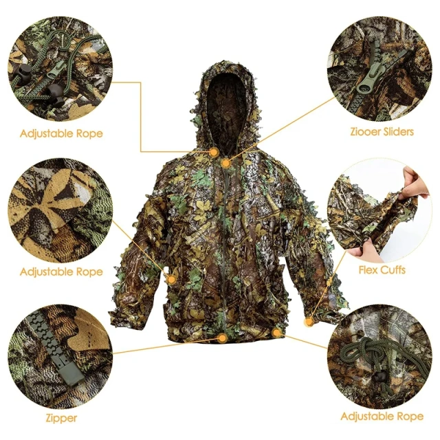 High Quality Outdoor Ghillie Suit Adult 3D Leafy Camouflage Clothing Camo Hunting Suit for Outdoor Game Ghillie Suit Outdoor Ghillie Suit Hunting Suits Pants 3D Leaf Camo Camouflage Coveralls Youth Adult Training Lightweight Clothes