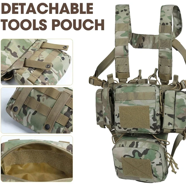 Tactical Chest Rig Adjustable Detachable Molle Chest Rigs with Mag Pouch Camouflage Tactical Vest Chest Rig Tactical Gear Chest Rig Heavy Duty Tactical Vest MOLLE Chest Rigs Utility Tactical Chest Rig with Dangler Pouch