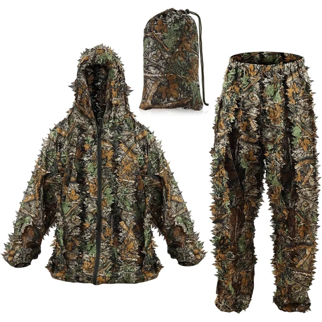 Lightweight Practical 3D Leafy Camo Suits with Storage Bag Ghillie Suits for Men Leaf Camouflage Training Hunting Ghillie Suit Jungle Hunting Camo Ghillie Suit 3D Leaf with Zippers and Pockets Lightweight Breathable Outdoor Hunting Camouflage Clothing