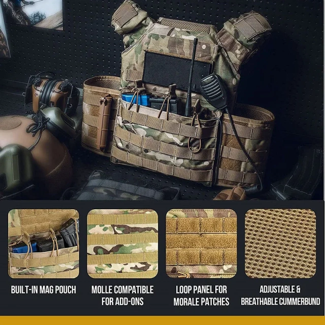 Multicam Training Vest Magazine Pouch with Hook Backing Training Placard with Elastic Retention Straps  Children Kids high-quality Training Vest Outdoor Shooting Hunting Adjustable Kids Training Vest